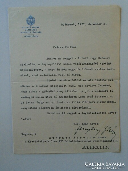 ZA432.24 Fényesy Jenő az Első Magyar Általános Biztosító Társaság aligazgatója-autográf levele 1927