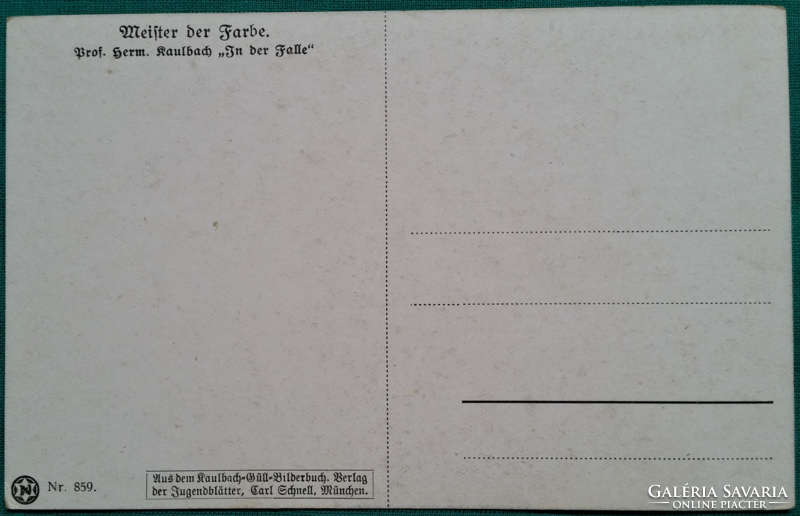 Antik művészképeslap: Hermann Kaulbach: In der Falle - egér, asszony csapda - postatiszta