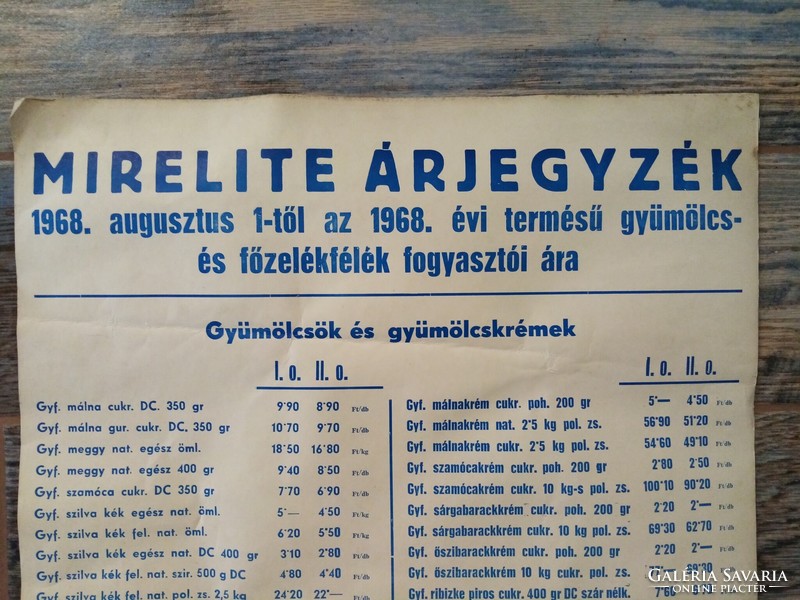 Retro MIRELITE árjegyzék, plakát. 1968 !  62 x 43 cm.