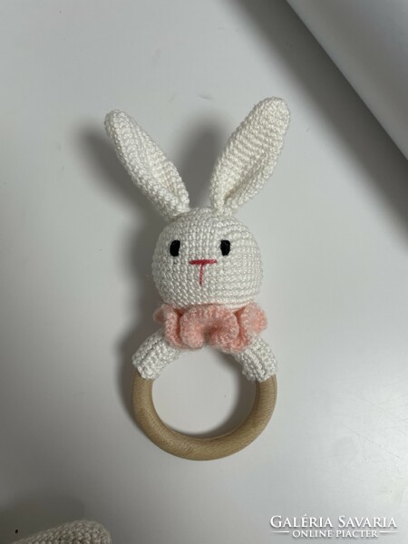 Hand crocheted bunny girl with wooden tongs