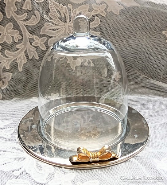 Üveg búra masnis fém tálkával 10×13cm alj 15.5cm
