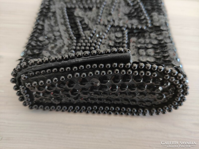 Gyönyörűséges apró fekete flitteres és gyöngy fűzött színházi táska alkalmi kézi retikül