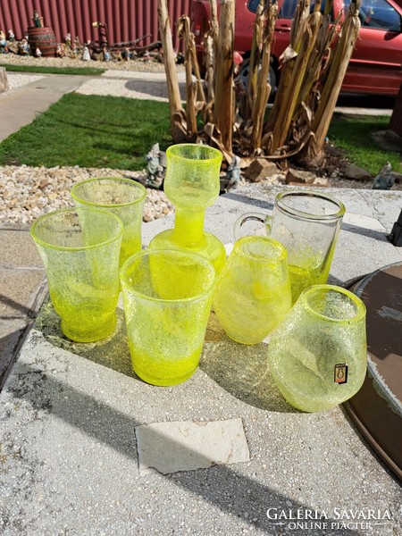 Retro citromsárga váza pohár korsó repesztett Gyönyörű  Fátyolüveg fátyol karcagi berekfürdői üveg