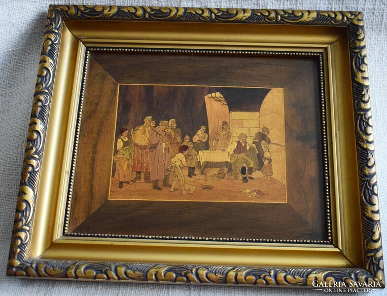 Fa antik intarzia kép , életkép jelent 1904 .....nák Ferenc  36 x 31,5 cm