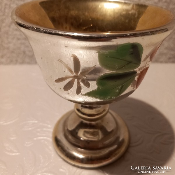 Old, cracked, footed, Huta glass chalice, cup, holy water holder, religious object.