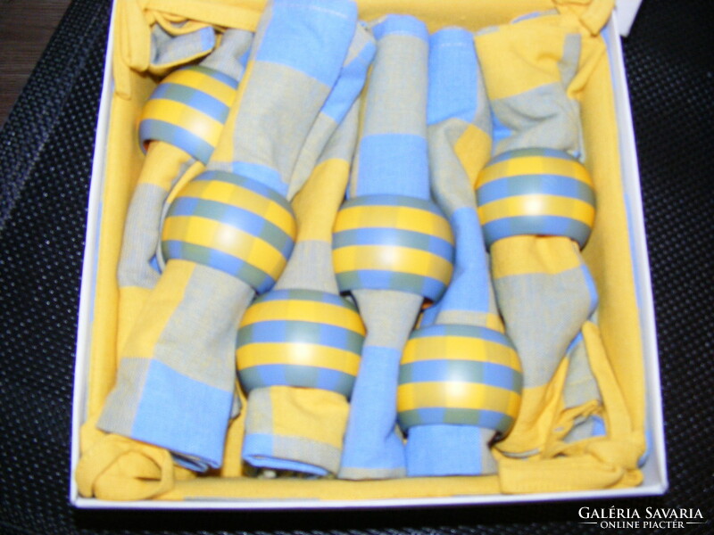 Quelle yellow-blue napkin ring-napkin set, decoration, made of wood and canvas, new.