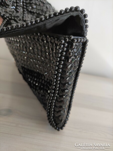 Beautiful small black sequined and pearl laced theater bag as a casual handbag