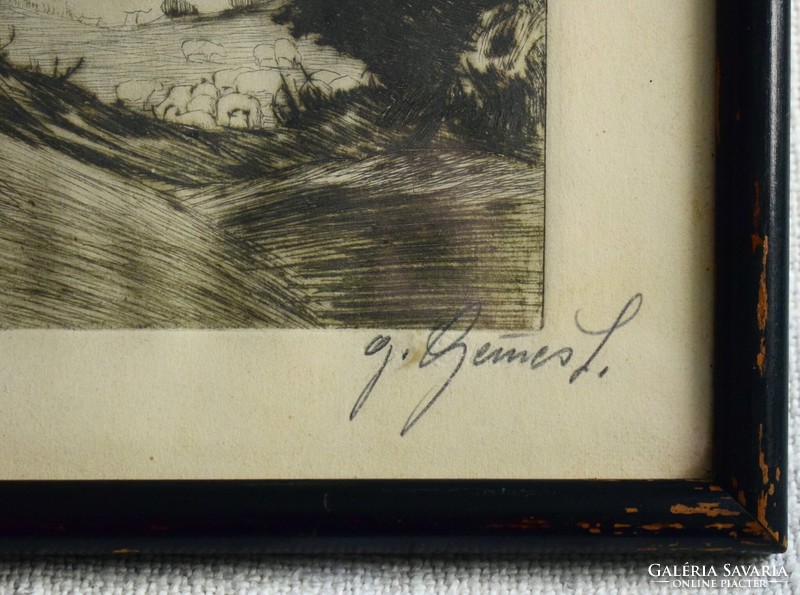 Gimessy Gémes J. : Furulyázó birkapásztor antik rézkarc  23,5 x 17,5 cm