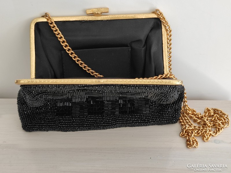 Beautiful tiny black pearl laced theater bag with casual reticule gold chain