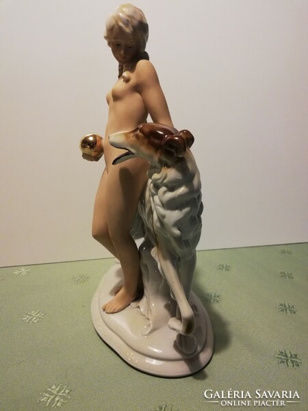 Antique, large, German, porcelain nude with greyhound