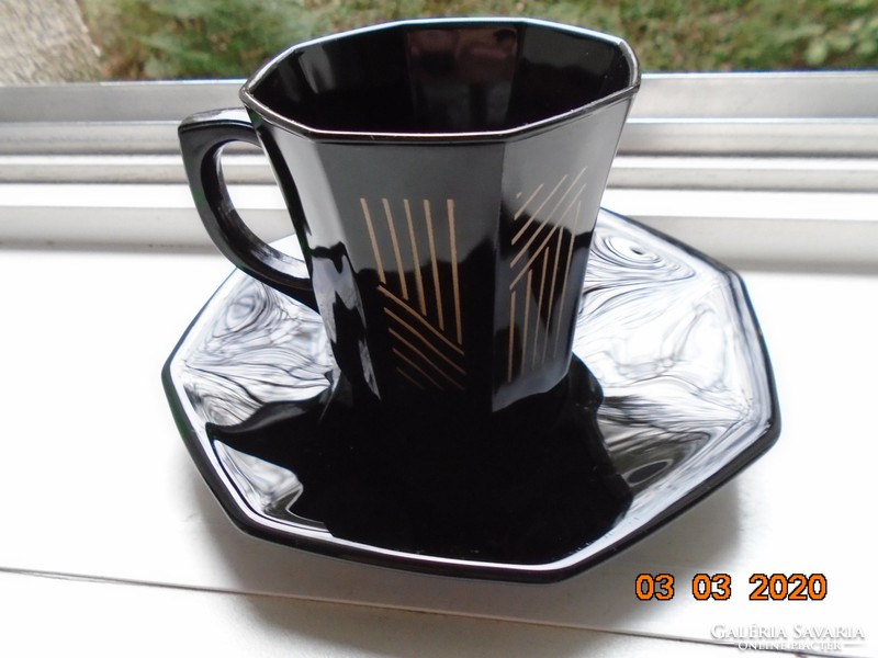 Elegant, modern, rare octime French black opal glass cup decorated with gold lines with a coaster