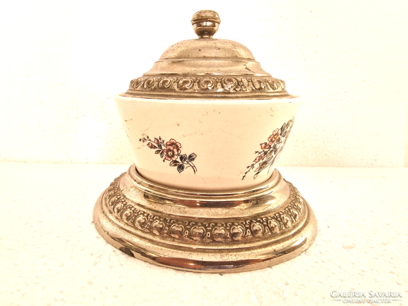Painted ceramic bon bon holder with silver-plated bottom and top