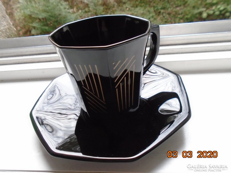 Elegant, modern, rare octime French black opal glass cup decorated with gold lines with a coaster