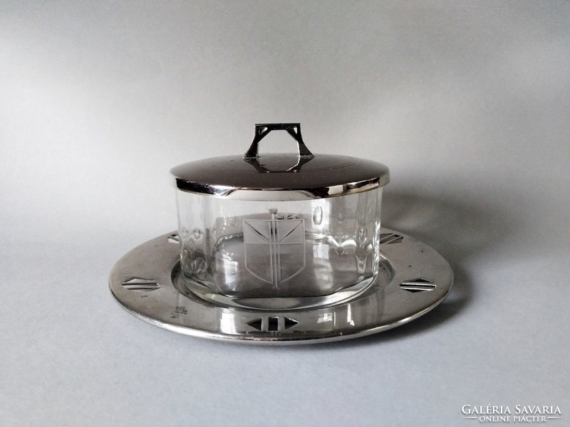 Marked art nouveau/art nouveau silver-plated jam/sugar holder with lid, approx. 1910