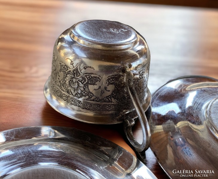 Régi ezüstözött perzsa mokkás/kávés csésze, vésett-cizellált díszítéssel, 6 személyes