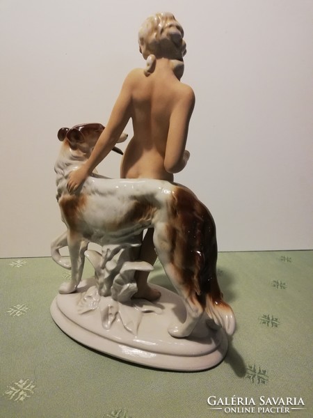 Antique, large, German, porcelain nude with greyhound