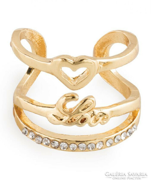 Gold-colored love ring with a heart and crystals