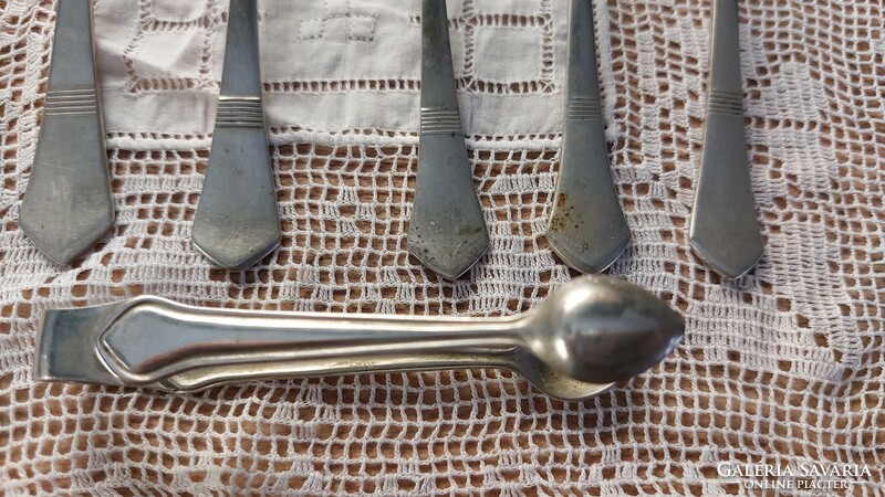 6 antique alpaca teaspoons, +1 alpaca sugar tongs - marked cutlery