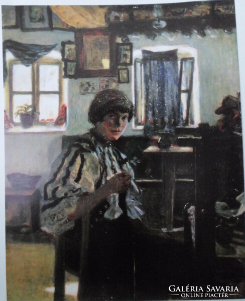 István Csók print: Mrs. Sokác embroiderer (1905)