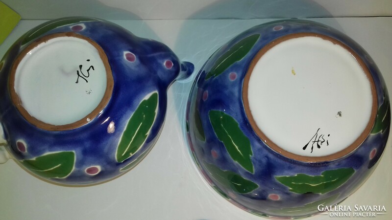 Unique hand-painted majolica ceramic pouring and offering fruit bowl with gallery markings
