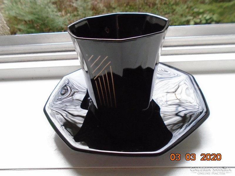 Elegant, modern, rare octime French black opal glass cup decorated with gold lines with a coaster