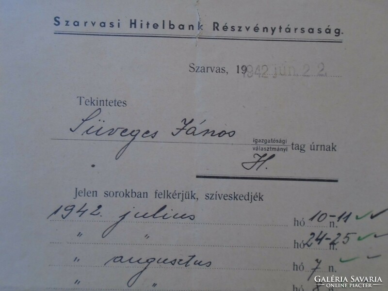 Za433.18 Szarvas - Szarvas credit bank - János süveges to member of the board of directors - 1942