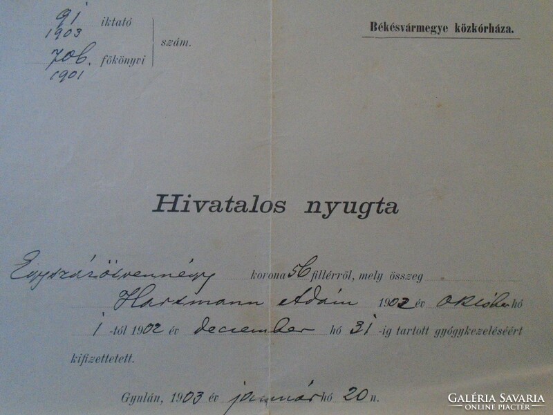 ZA433.7  Hivatalos Nyugta Gyula - 154 korona gyógyászati kezelés  - Békés Vármegye Közkórháza 1903