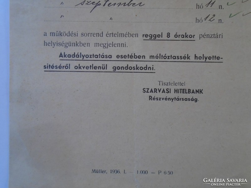 Za433.18 Szarvas - Szarvas credit bank - János süveges to member of the board of directors - 1942