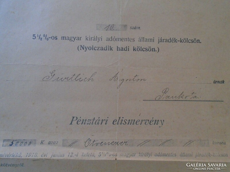 ZA433.22 Pankota-Pankotai Népbank Pénztári elismervény 1918 Hadi kölcsön 50000 korona  Gürtlich