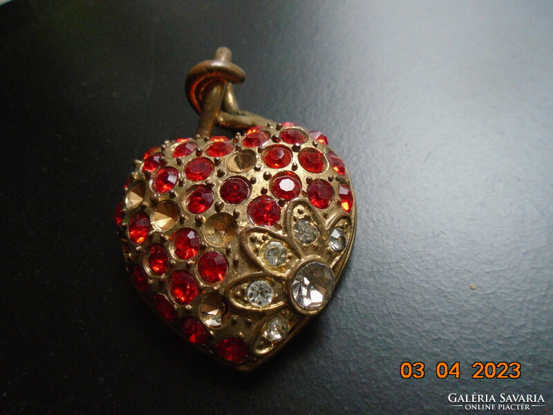 Unique, statue-like, double-walled, bronze heart pendant with red stones, embossed, stony flower pattern
