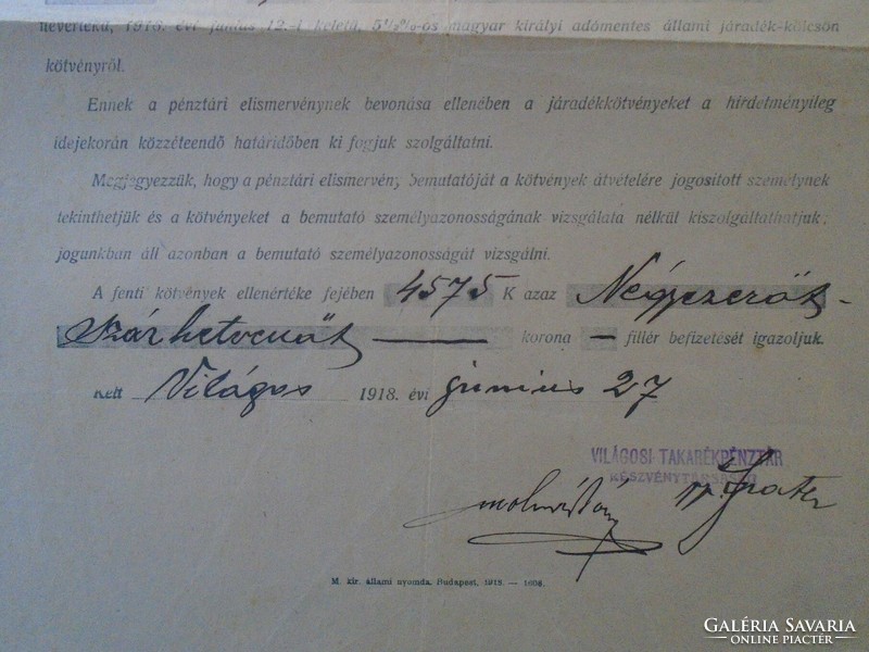 ZA433.21 VILÁGOS SIRIA (fegyverletétel) 1918 Pénztári elismervény hadi kölcsön 5000 korona OSZTER