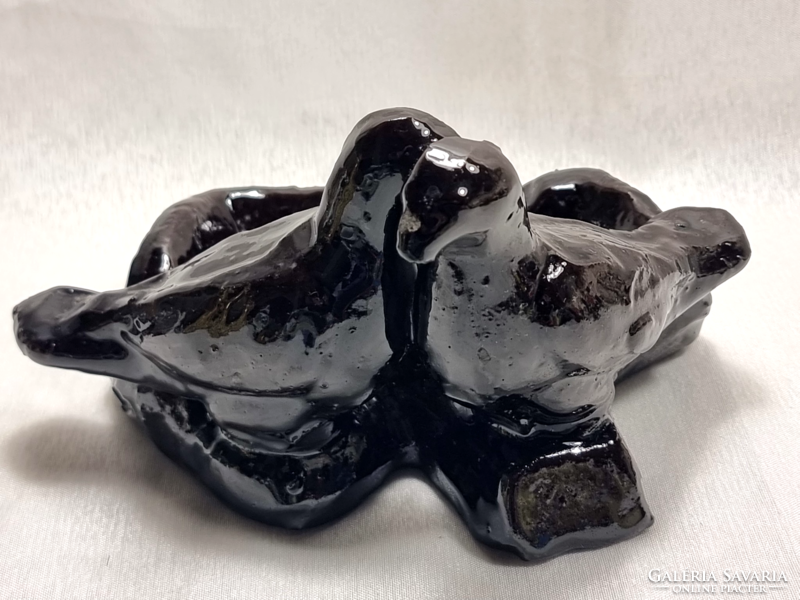 Glazed ceramic figure by Imre Badár Jr., ashtray / pair of birds, with marking pressed into mass, xx-szd second