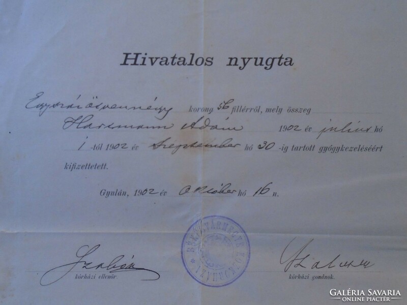 Za433.6 Official receipt Gyula - 154 kroner medical treatment - Békés county public hospital 1902