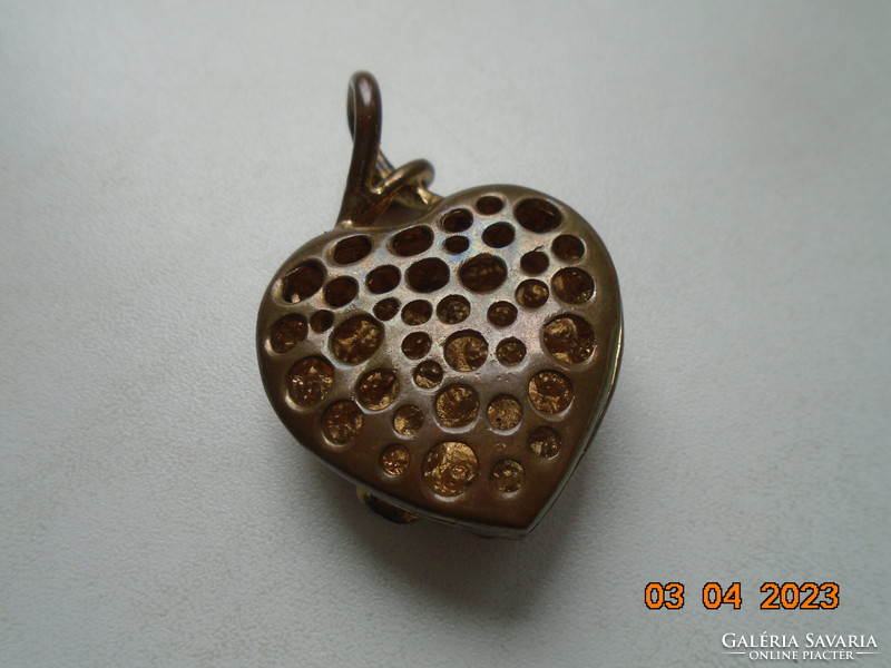 Unique, statue-like, double-walled, bronze heart pendant with red stones, embossed, stony flower pattern