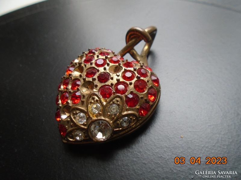 Unique, statue-like, double-walled, bronze heart pendant with red stones, embossed, stony flower pattern
