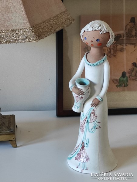 Jug girl lily in a floral turquoise and mauve dress, charming Kelemen Erzsébet ceramics