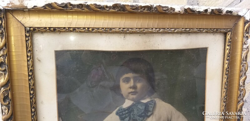 Antique boy portrait photo photo glazed gilded wooden frame 62 cm x 82.5 cm