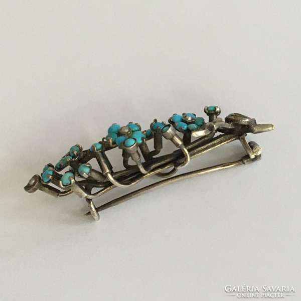 Antique silver brooch turquoise and true pearl rarity