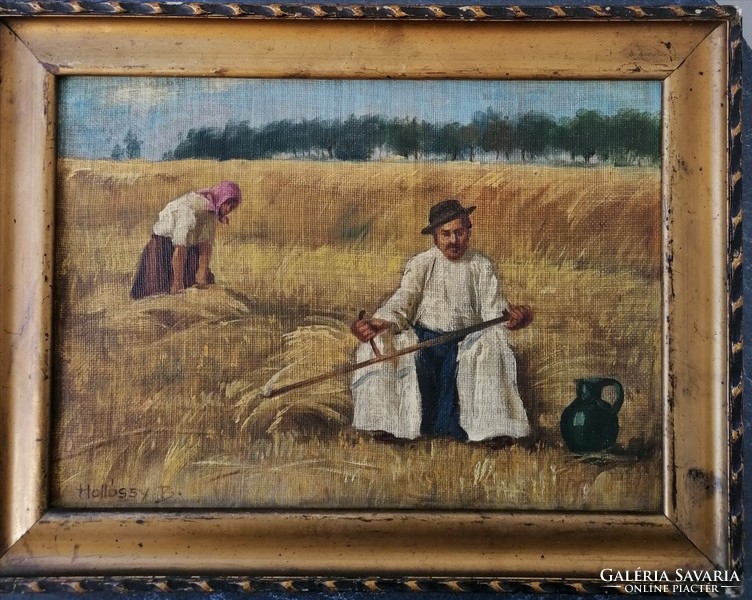 Hollóssy b. A resting harvester. Signed oil painting.