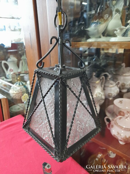 Glazed wrought iron ceiling lamp. 80 Cm.