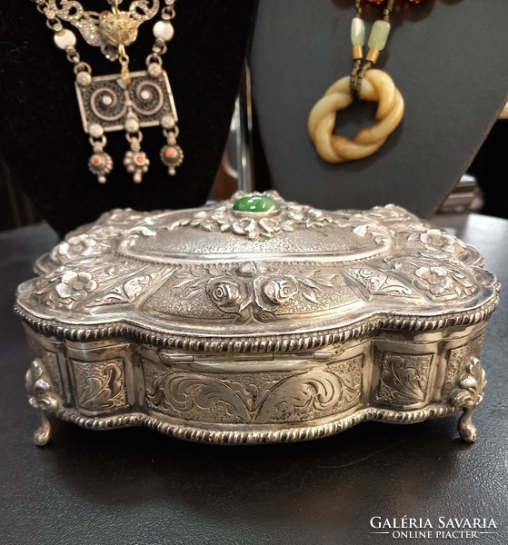Antique silver box with jade stone