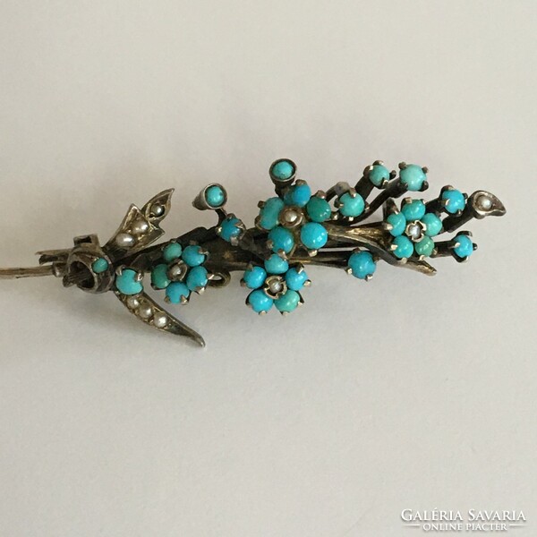 Antique silver brooch turquoise and true pearl rarity