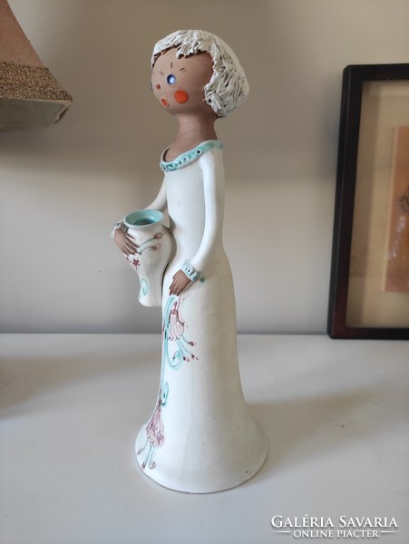 Jug girl lily in a floral turquoise and mauve dress, charming Kelemen Erzsébet ceramics