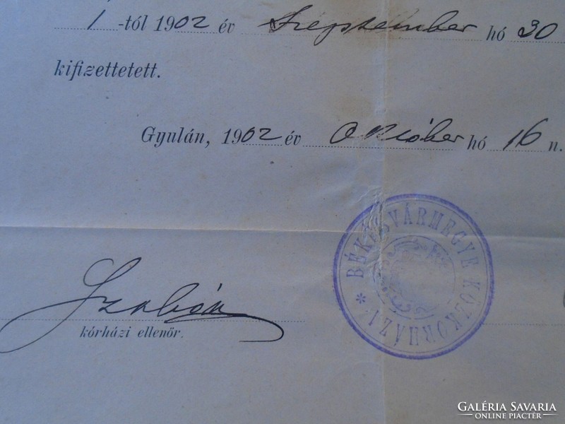 ZA433.6  Hivatalos Nyugta Gyula - 154 korona gyógyászati kezelés  - Békés Vármegye Közkórháza 1902