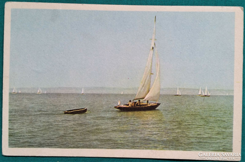 Régi hajós, vitorlás képeslap - Üdvözlet a Balatonról -1958, postatiszta
