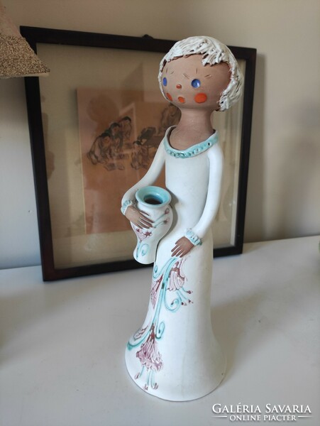 Jug girl lily in a floral turquoise and mauve dress, charming Kelemen Erzsébet ceramics