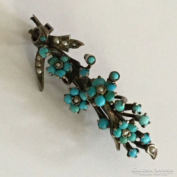 Antique silver brooch turquoise and true pearl rarity