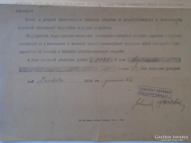 ZA433.22 Pankota-Pankotai Népbank Pénztári elismervény 1918 Hadi kölcsön 50000 korona  Gürtlich