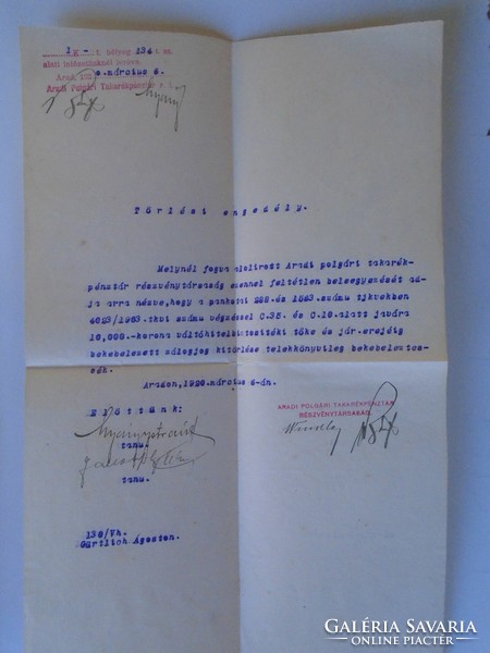 ZA433.13 Aradi Polgári Takarékpénztár 1920 törlési engedély Pankota 10000 korona váltóhitelbizt.