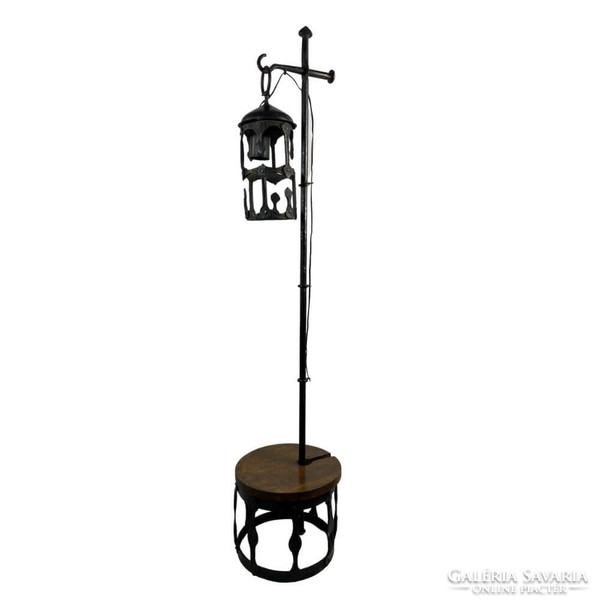 Industrial wrought iron floor lamp with folding table